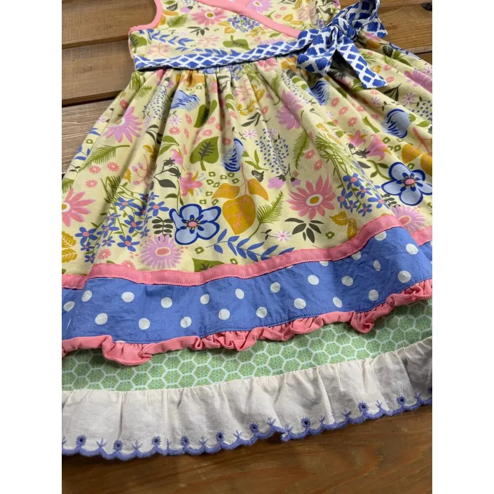 Matilda Jane Girls Size 10 Floral Wrap Style Dress Blue Polka Dot Bow Twirl